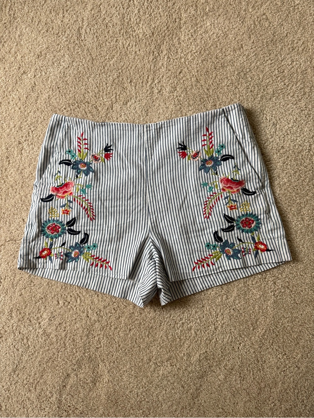 LOFT Navy & White Striped High-Waist Embroidered Floral Shorts